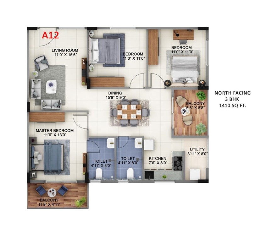 Floor plan of 3 BHK 1410 Sq. Ft. Apartment in Abhee Pride, Bangalore