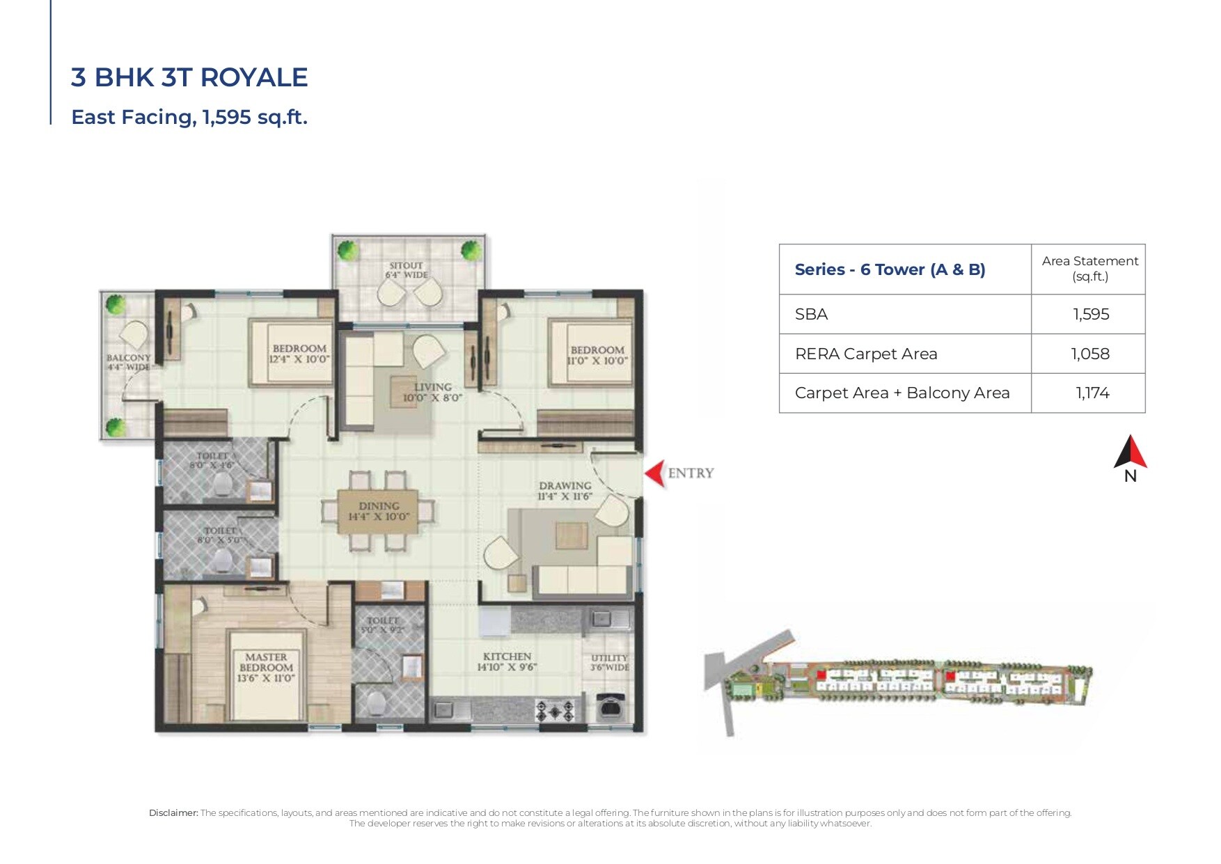 Floor plan of 3 BHK 1595 Sq. Ft. Apartment in Abhee Serenity Springs, Bangalore