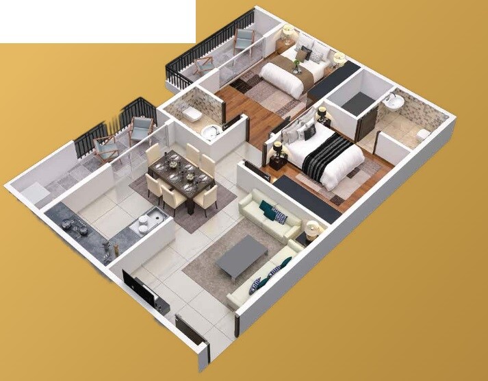 Floor plan of 2 BHK 1005 Sq. Ft. Apartment in Abhee Sunrise, Bangalore