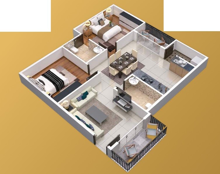 Floor plan of 2 BHK 1165 Sq. Ft. Apartment in Abhee Sunrise, Bangalore