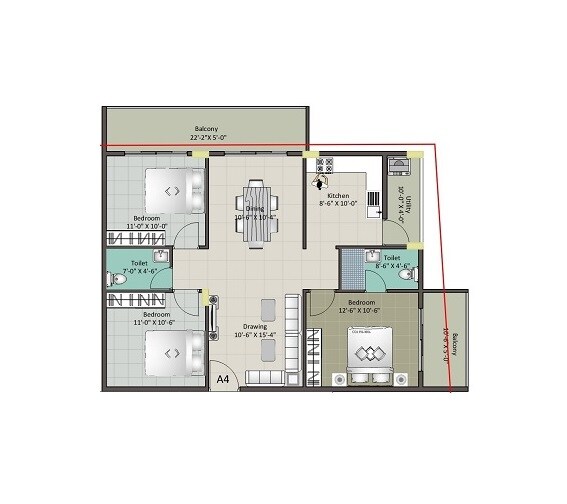 3 BHK 976 Sq. Ft. Apartment