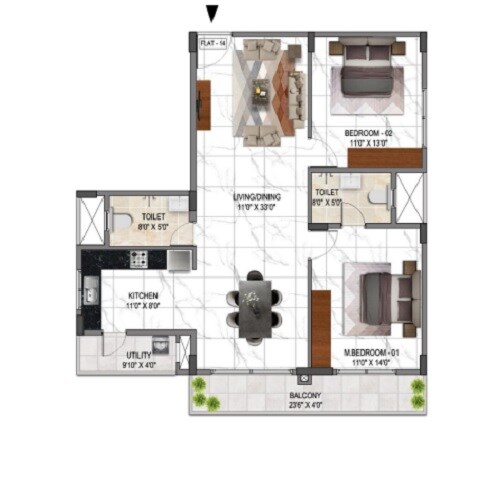 Floor plan of 2 BHK 1326 Sq. Ft. Apartment in Acorn Hive, Bangalore