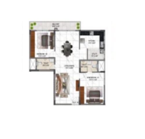 Floor plan of 2 BHK 1335 Sq. Ft. Apartment in Acorn Hive, Bangalore