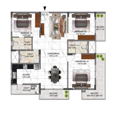 Floor plan of 3 BHK 1523 Sq. Ft. Apartment in Acorn Hive, Bangalore