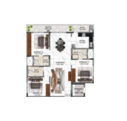 Floor plan of 3 BHK 1576 Sq. Ft. Apartment in Acorn Hive, Bangalore