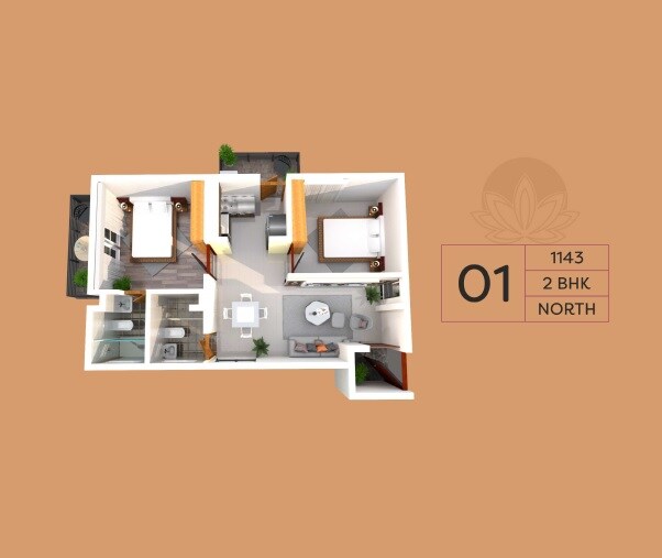 Floor plan of 2 BHK 1143 Sq. Ft. Apartment in Acrolith Lotus Hill, Bangalore