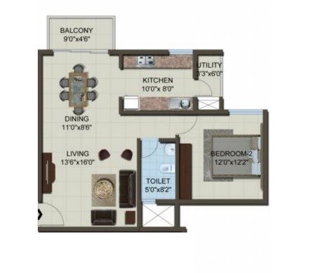 Floor plan of 1 BHK 835 Sq. Ft. Apartment in ACTS Arcadia, Bangalore