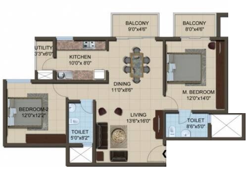 Floor plan of 2 BHK 1138 Sq. Ft. Apartment in ACTS Arcadia, Bangalore