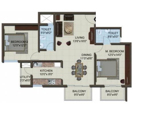 Floor plan of 2 BHK 1271 Sq. Ft. Apartment in ACTS Arcadia, Bangalore