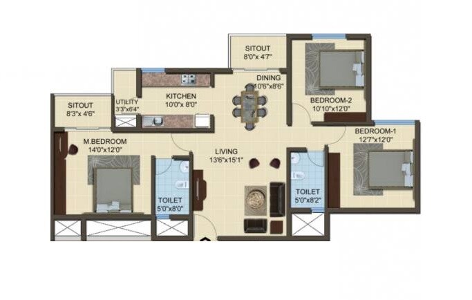 Floor plan of 3 BHK 1404 Sq. Ft. Apartment in ACTS Arcadia, Bangalore