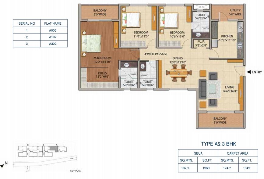 Floor plan of 3 BHK 1960 Sq. Ft. Apartment in Adarsh Astria, Bangalore