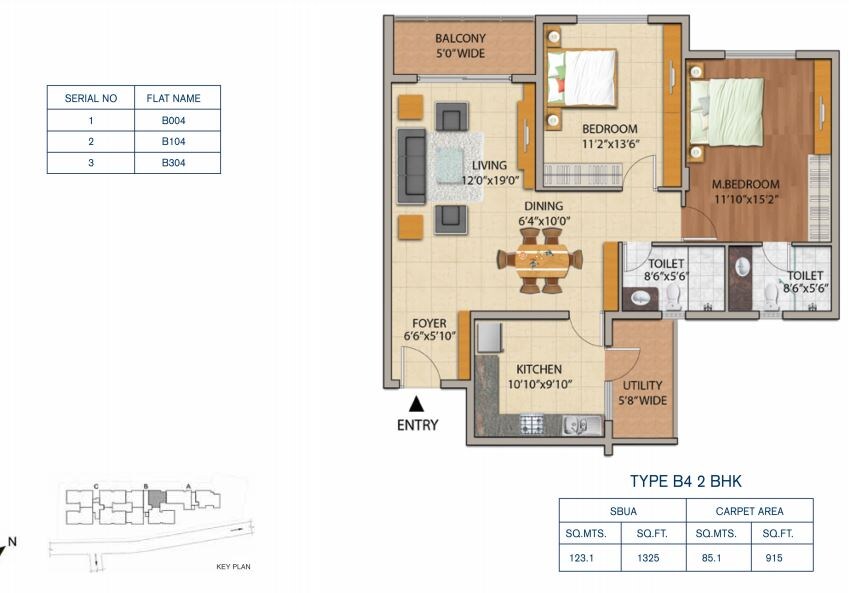 Floor plan of 2 BHK 1325 Sq. Ft. Apartment in Adarsh Astria, Bangalore