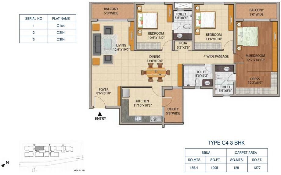 Floor plan of 3 BHK 1995 Sq. Ft. Apartment in Adarsh Astria, Bangalore