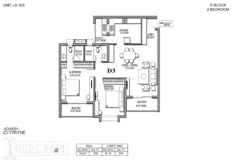 Floor plan of 2 BHK 1335 Sq. Ft. Apartment in Adarsh Citrine, Bangalore