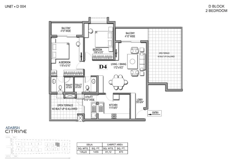 Floor plan of 2 BHK 1455 Sq. Ft. Apartment in Adarsh Citrine, Bangalore