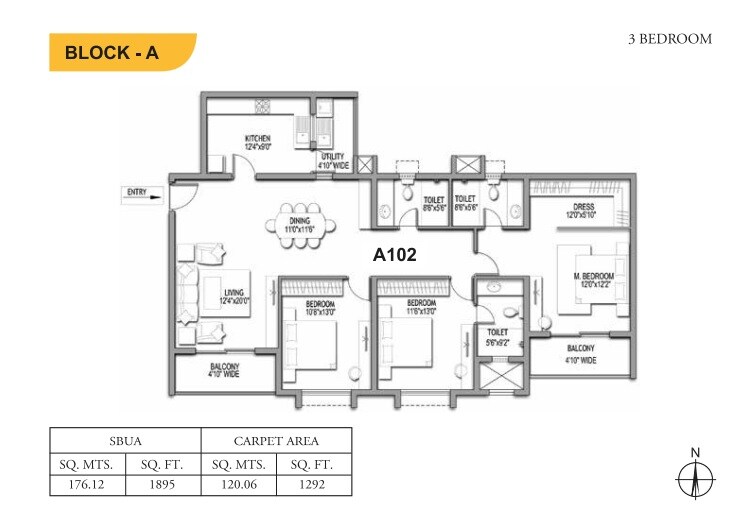 Floor plan of 3 BHK 1895 Sq. Ft. Apartment in Adarsh Citrine, Bangalore