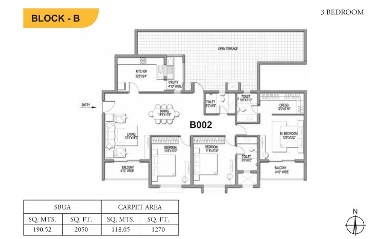 Floor plan of 3 BHK 2050 Sq. Ft. Apartment in Adarsh Citrine, Bangalore