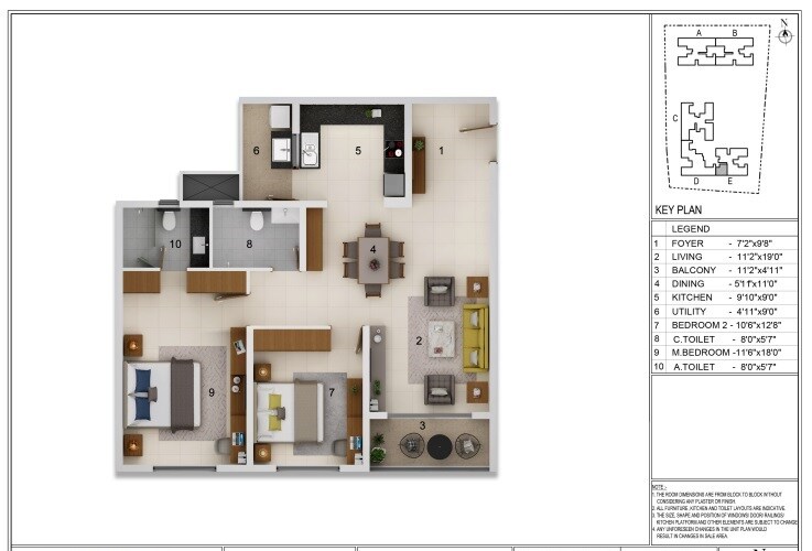 Floor plan of 2 BHK 1375 Sq. Ft. Apartment in Adarsh Crest Phase 1, Bangalore