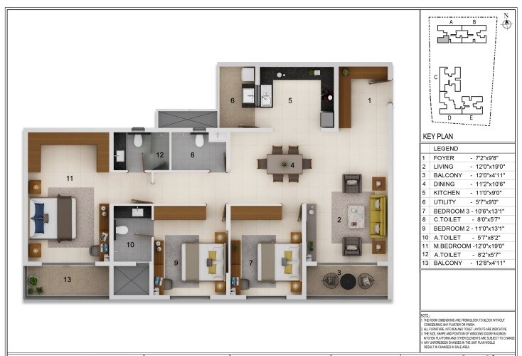Floor plan of 3 BHK 1857 Sq. Ft. Apartment in Adarsh Crest Phase 1, Bangalore