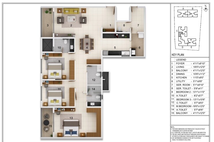 Floor plan of 3 BHK 2144 Sq. Ft. Apartment in Adarsh Crest Phase 1, Bangalore
