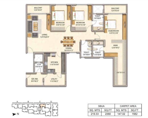 Floor plan of 3 BHK 2360 Sq. Ft. Apartment in Adarsh Developers Premia, Bangalore