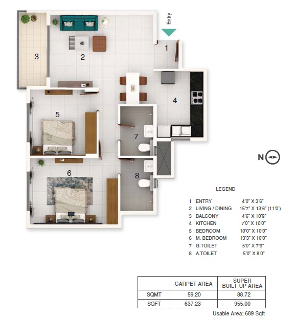 2 BHK 955 Sq. Ft. Apartment in Adarsh Greens Phase 2