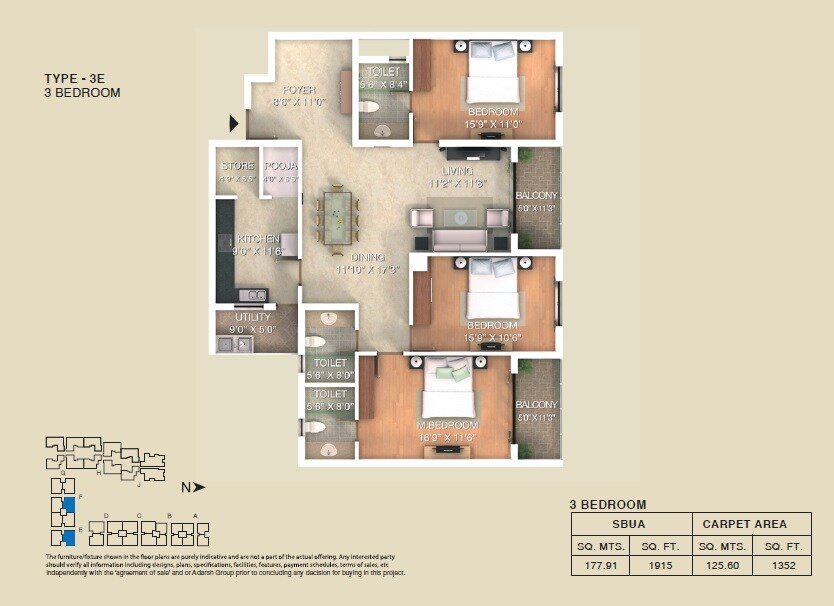 Floor plan of 3 BHK 1915 Sq. Ft. Apartment in Adarsh Lakefront Phase 2, Bangalore