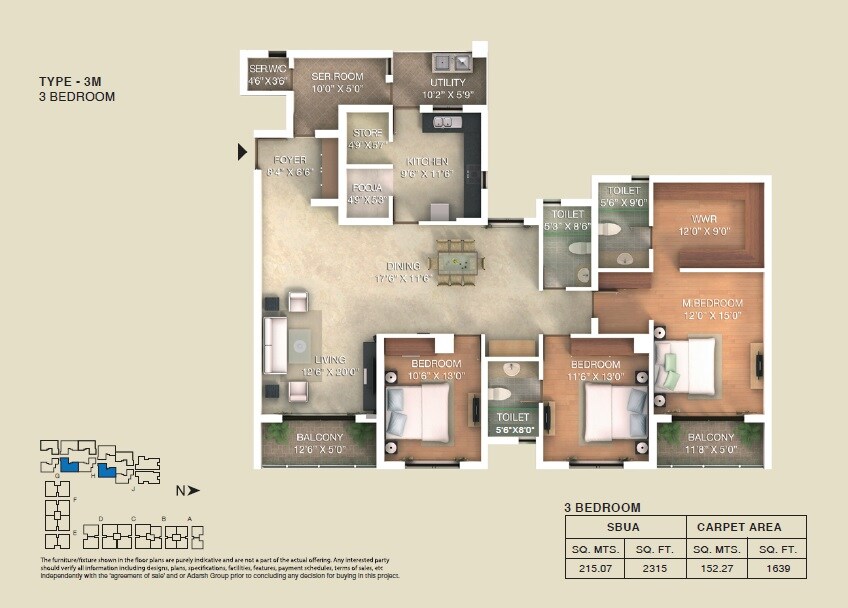 Floor plan of 3 BHK 2315 Sq. Ft. Apartment in Adarsh Lakefront Phase 2, Bangalore