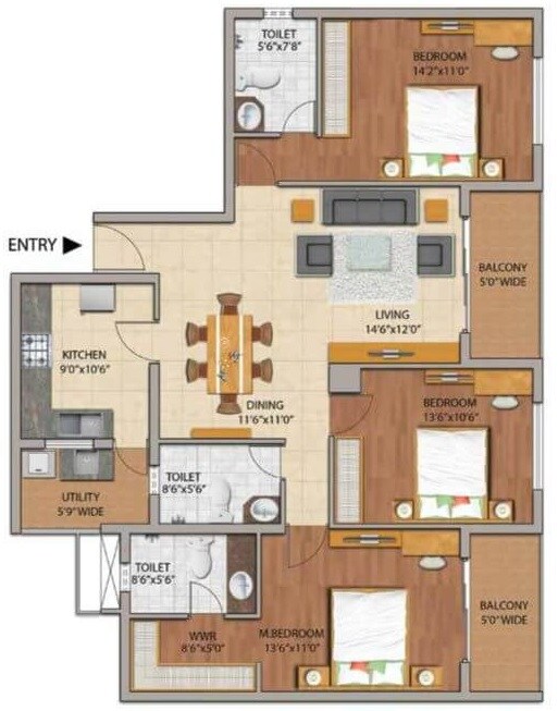 Floor plan of 3 BHK 2200 Sq. Ft. Apartment in Adarsh Palm Retreat, Bangalore