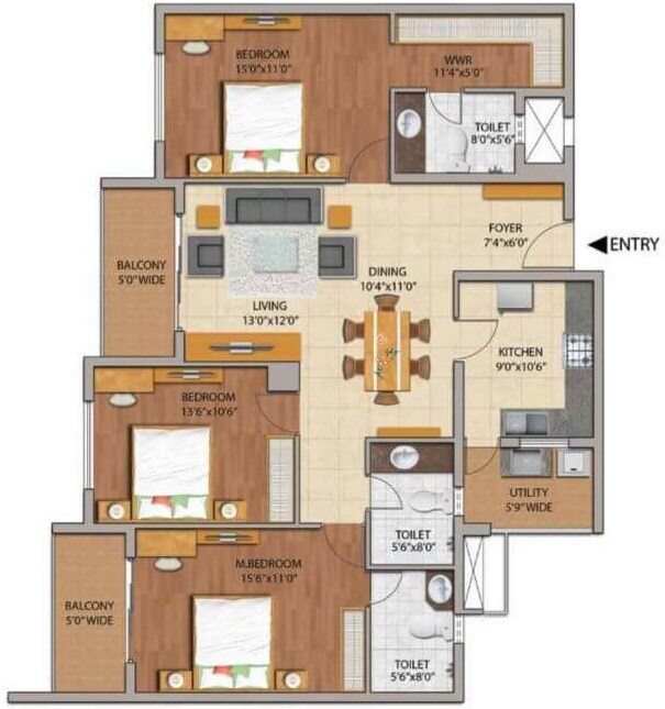 Floor plan of 3 BHK 2210 Sq. Ft. Apartment in Adarsh Palm Retreat, Bangalore