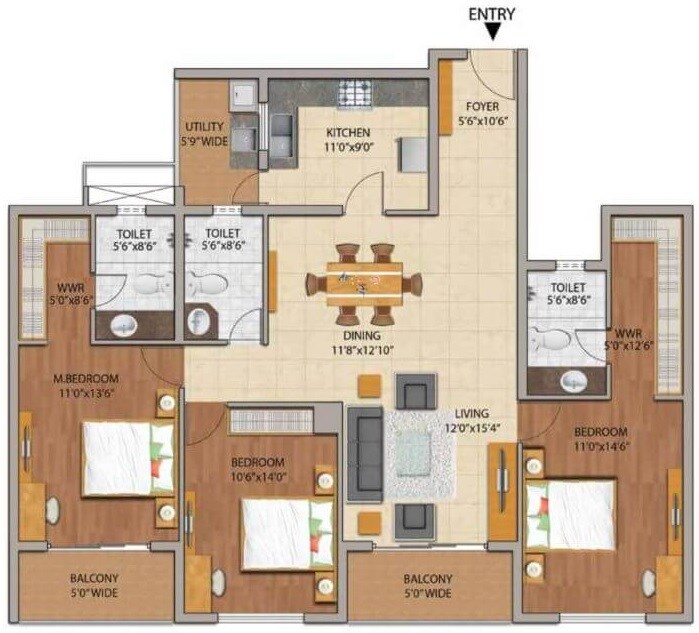 Floor plan of 3 BHK 2230 Sq. Ft. Apartment in Adarsh Palm Retreat, Bangalore