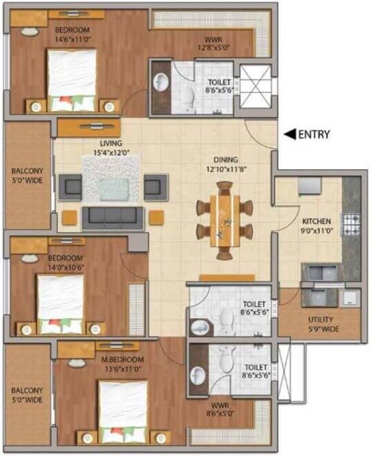 Floor plan of 3 BHK 2294 Sq. Ft. Apartment in Adarsh Palm Retreat, Bangalore