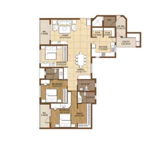 Floor plan of 3 BHK 2490 Sq. Ft. Apartment in Adarsh Palm Retreat, Bangalore