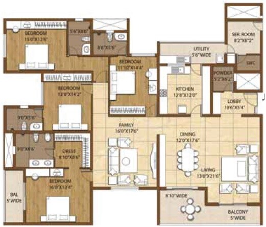 Floor plan of 4 BHK 3900 Sq. Ft. Apartment in Adarsh Palm Retreat, Bangalore