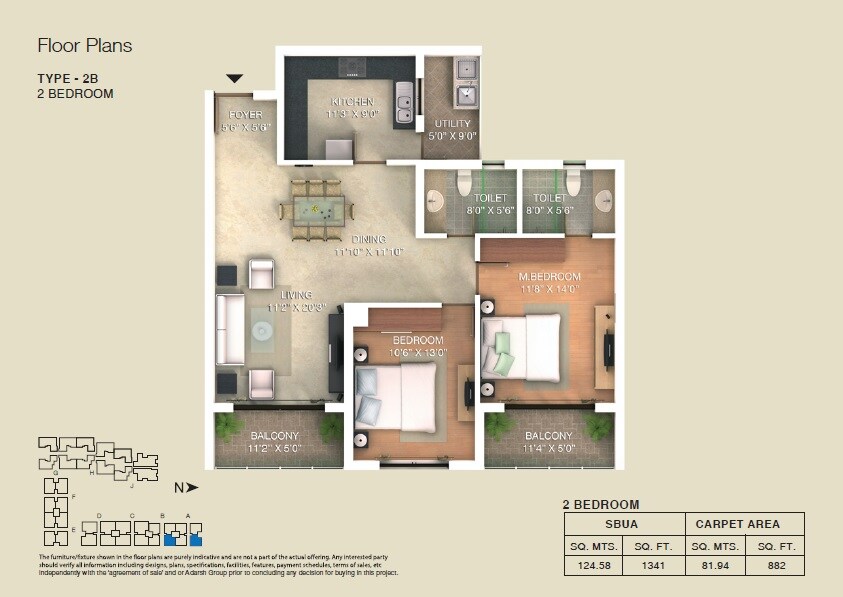 Floor plan of 2 BHK 1341 Sq. Ft. Apartment in Adarsh Palm Retreat Lake Front, Bangalore
