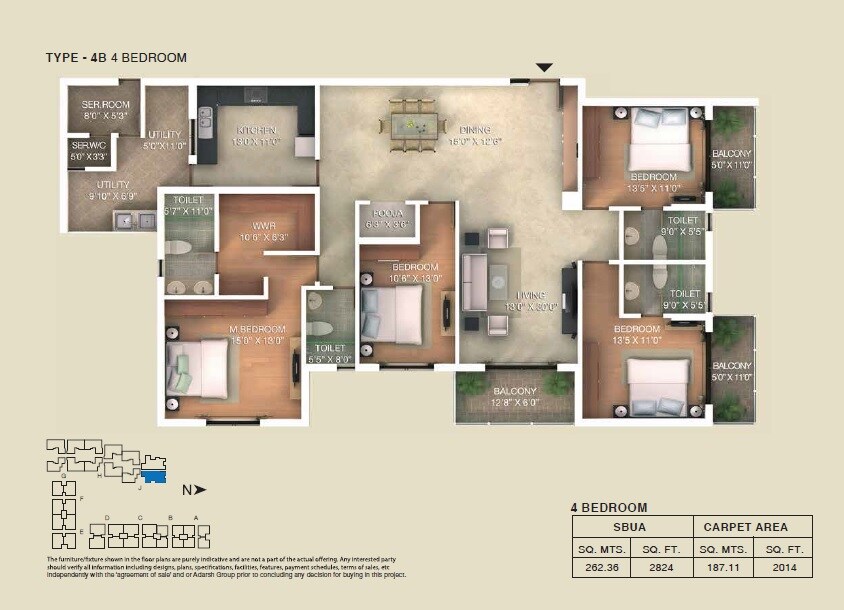 Floor plan of 4 BHK 2824 Sq. Ft. Apartment in Adarsh Palm Retreat Lake Front, Bangalore