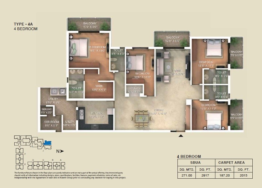 Floor plan of 4 BHK 2917 Sq. Ft. Apartment in Adarsh Palm Retreat Lake Front, Bangalore