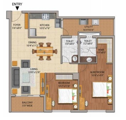 Floor plan of 2 BHK 1230 Sq. Ft. Apartment in Adarsh Palm Retreat Mayberry, Bangalore