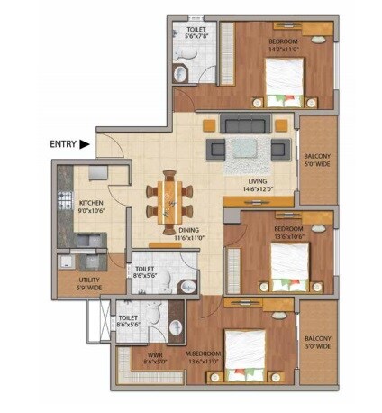 Floor plan of 3 BHK 1630 Sq. Ft. Apartment in Adarsh Palm Retreat Mayberry, Bangalore