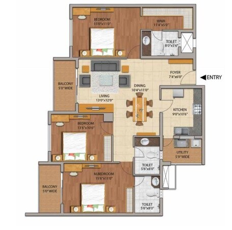 Floor plan of 3 BHK 1695 Sq. Ft. Apartment in Adarsh Palm Retreat Mayberry, Bangalore