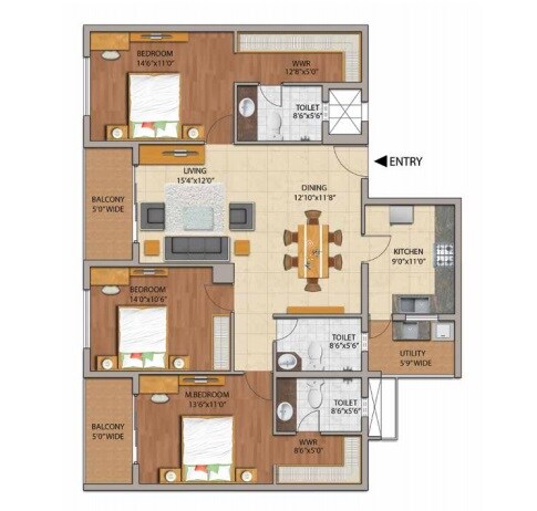 Floor plan of 3 BHK 1765 Sq. Ft. Apartment in Adarsh Palm Retreat Mayberry, Bangalore