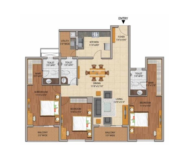 Floor plan of 3 BHK 1850 Sq. Ft. Apartment in Adarsh Palm Retreat Mayberry, Bangalore