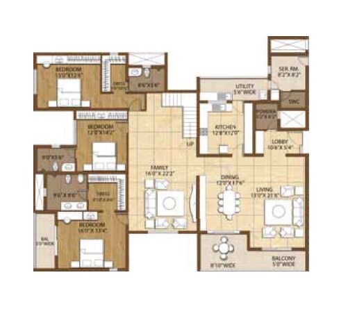 Floor plan of 3 BHK 1879 Sq. Ft. Apartment in Adarsh Palm Retreat Tower I, Bangalore