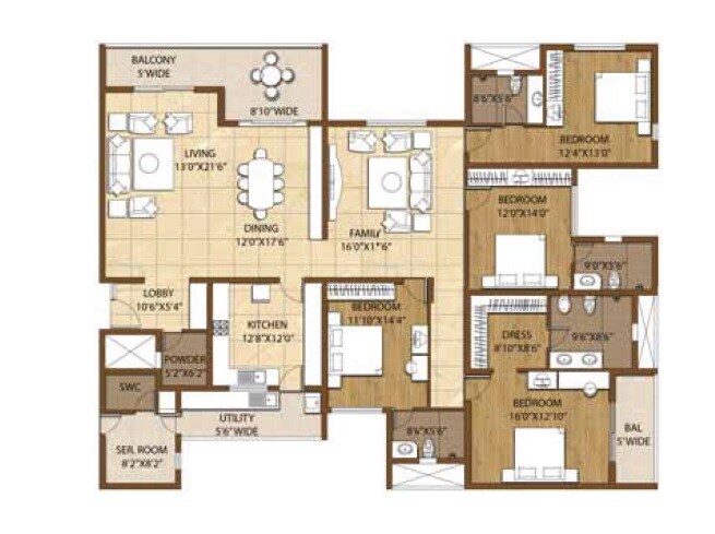 Floor plan of 4 BHK 3260 Sq. Ft. Apartment in Adarsh Palm Retreat Tower I, Bangalore