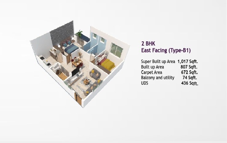 Floor plan of 2 BHK 1017 Sq. Ft. Apartment in Adarsh Paradise, Bangalore