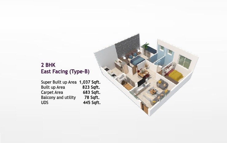 Floor plan of 2 BHK 1037 Sq. Ft. Apartment in Adarsh Paradise, Bangalore