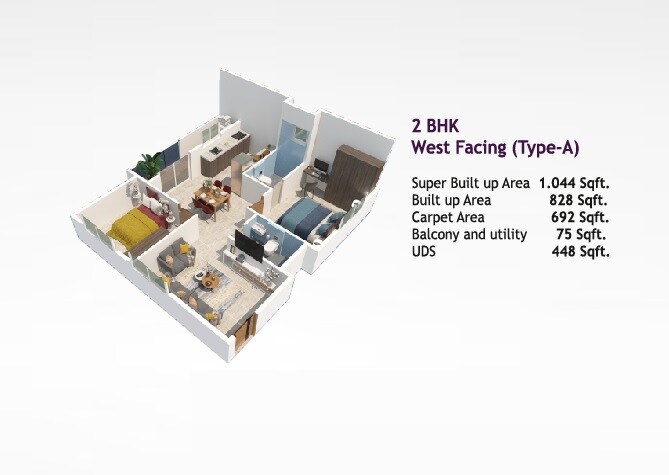 Floor plan of 2 BHK 1044 Sq. Ft. Apartment in Adarsh Paradise, Bangalore