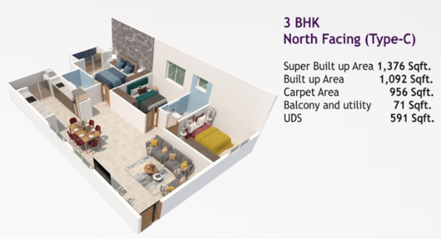 Floor plan of 3 BHK 1376 Sq. Ft. Apartment in Adarsh Paradise, Bangalore