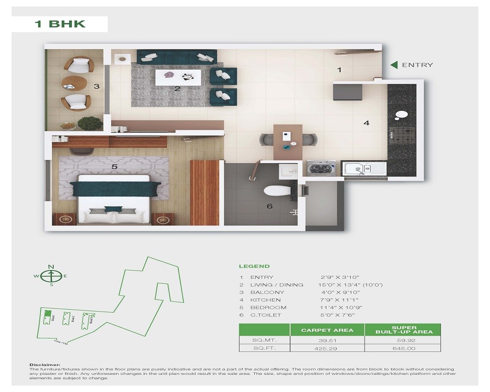 Floor plan of 1 BHK Apartment - 645 sq. ft. in Adarsh Parkland, Bangalore