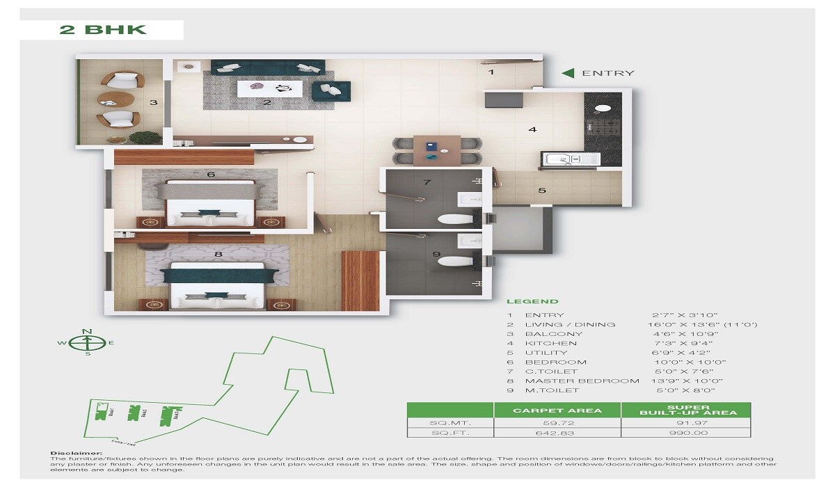Floor plan of 2 BHK Apartment - 990 sq. ft. in Adarsh Parkland, Bangalore
